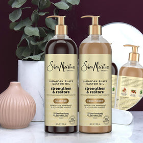 SheaMoisture in-shower use showing easy pump dispensing and scalp application benefit