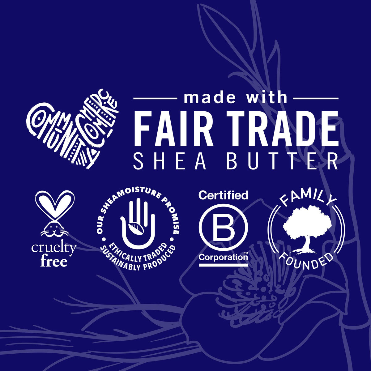 Shea Moisture ingredients display with sugarcane and meadowfoam visuals