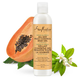 Shea Moisture ingredient display with papaya and neroli for shine