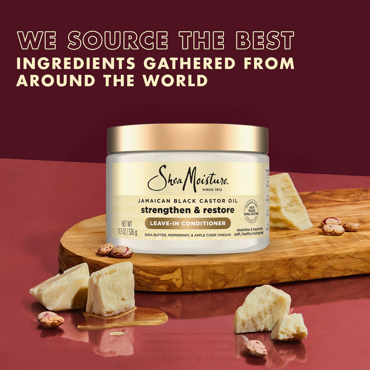 Shea Moisture bottle held next to hand showing true 11.5 oz scale and convenience