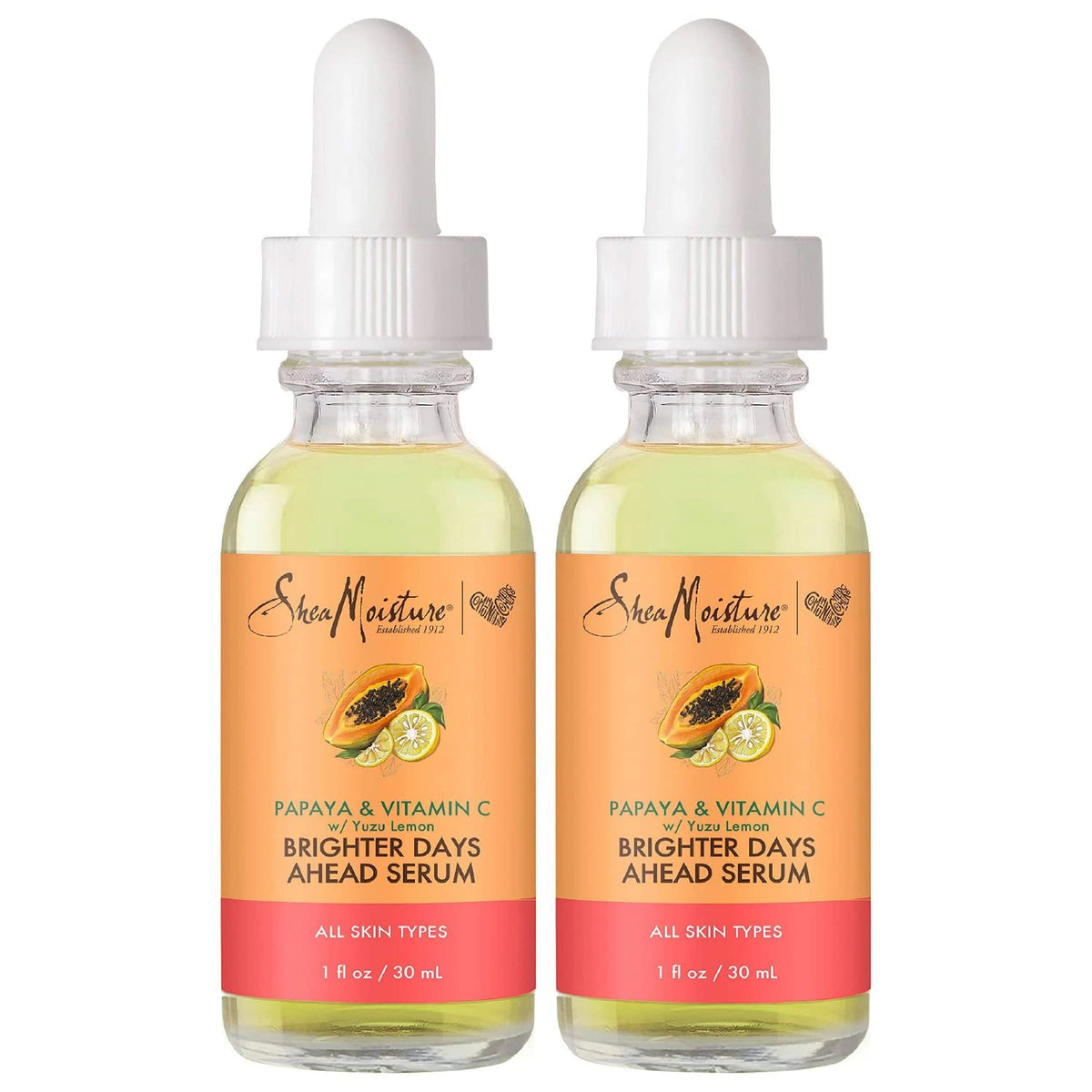 SheaMoisture front packaging showing two 1 oz bottles and product benefits