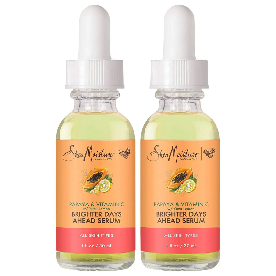 SheaMoisture front packaging showing two 1 oz bottles and product benefits