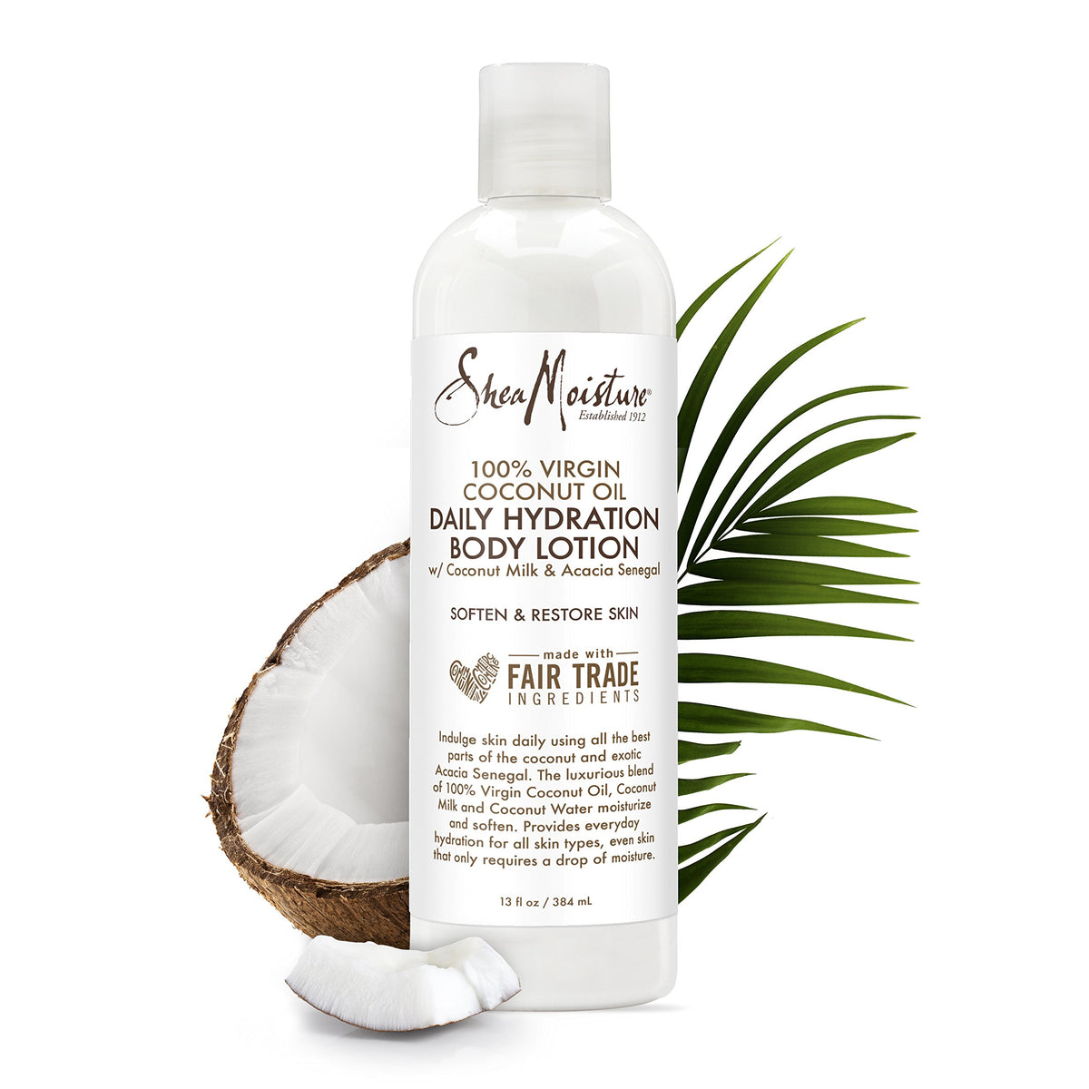 SheaMoisture pump and label closeup highlighting ingredients and fair trade