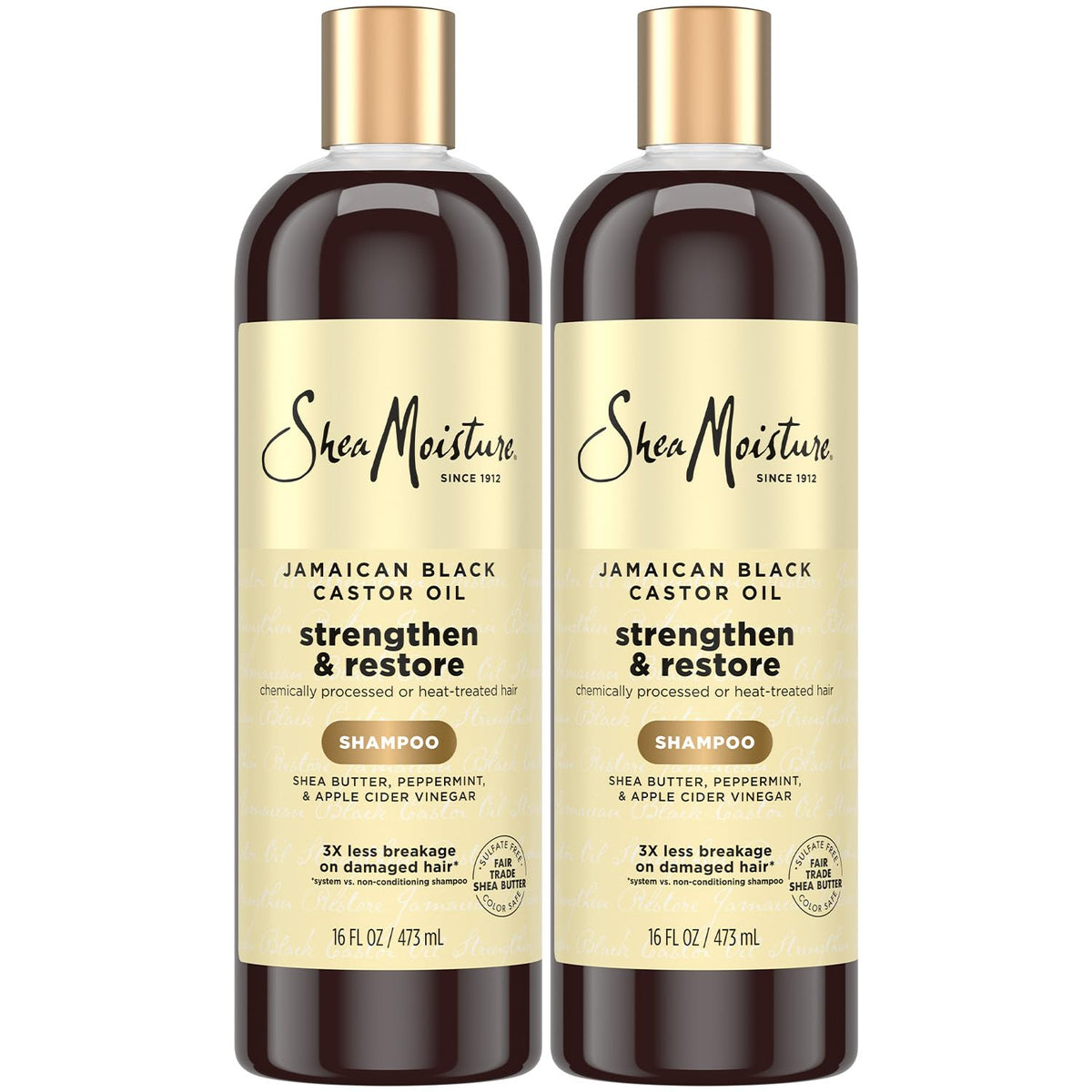 Shea Moisture front packaging showing two 16 oz bottles and product benefits