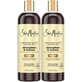 Shea Moisture front packaging showing two 16 oz bottles and product benefits