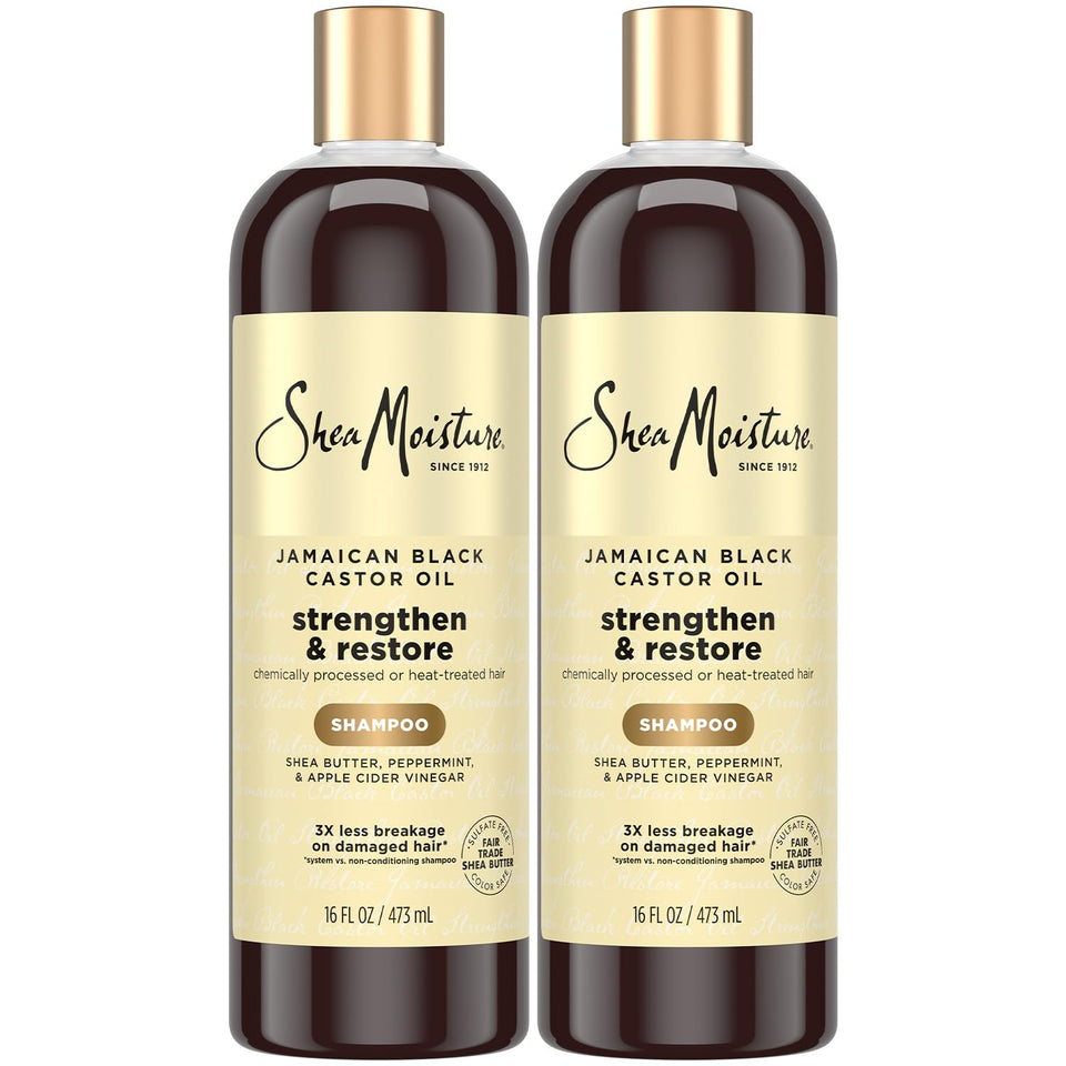 Shea Moisture front packaging showing two 16 oz bottles and product benefits