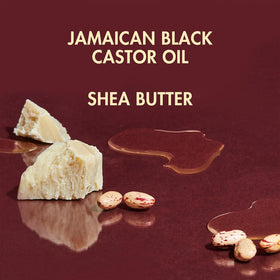 Shea Moisture ingredients display featuring castor oil, shea butter, and aloe
