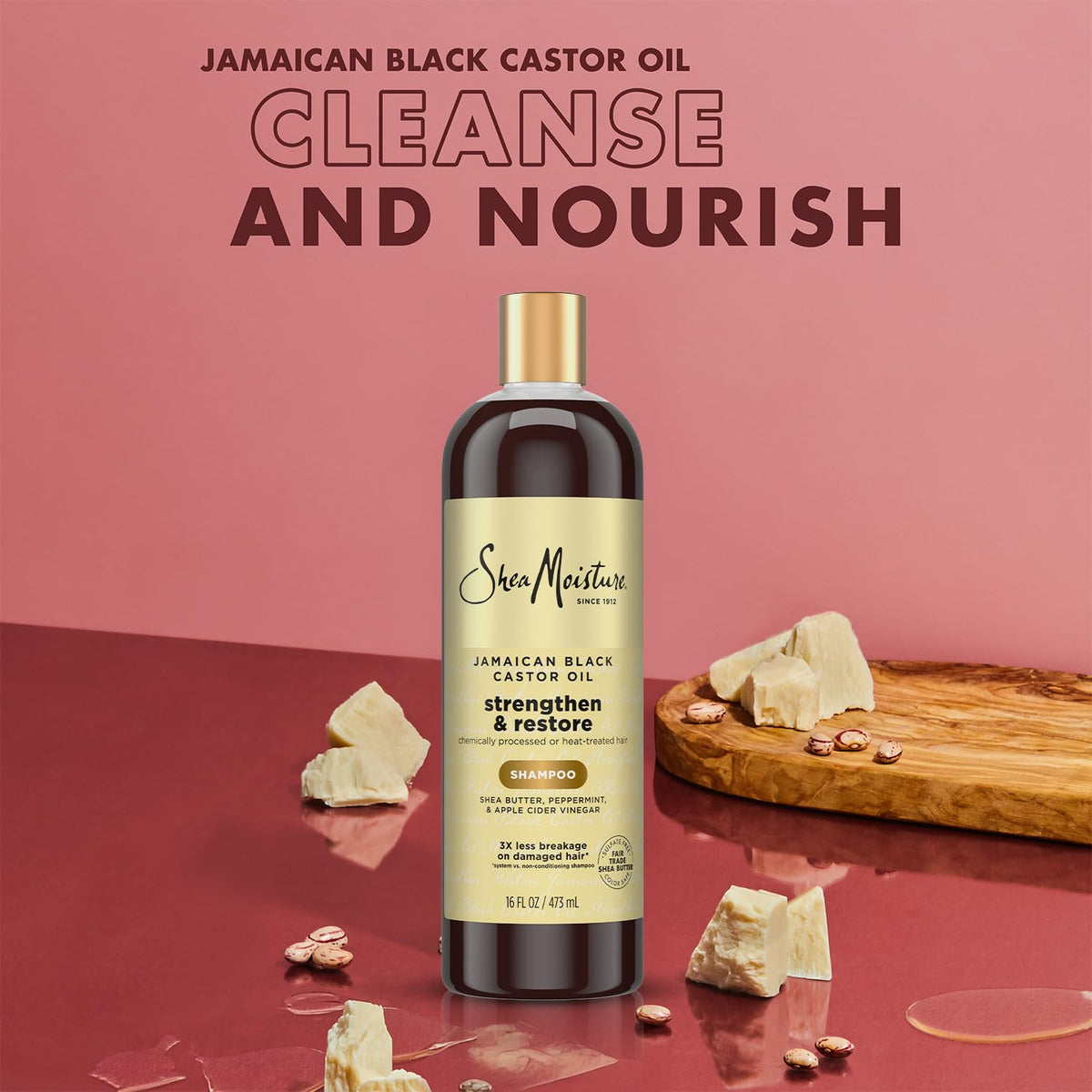 Shea Moisture shampoo texture pouring to show slip and creamy consistency