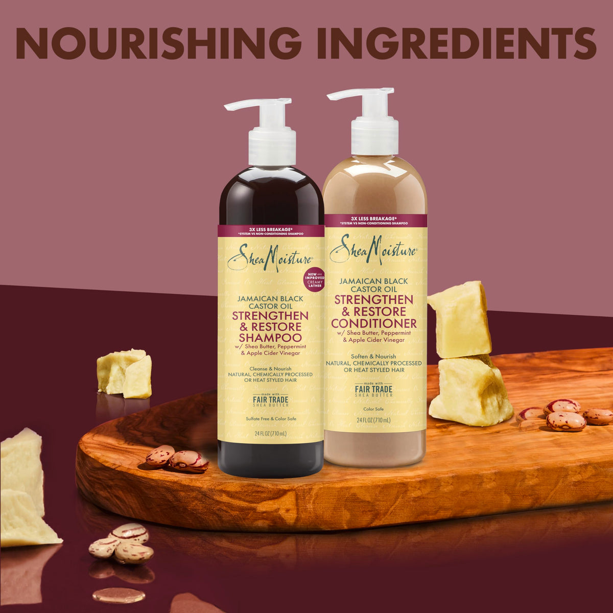 SheaMoisture 24oz bottles beside a hand for scale, emphasizes value size