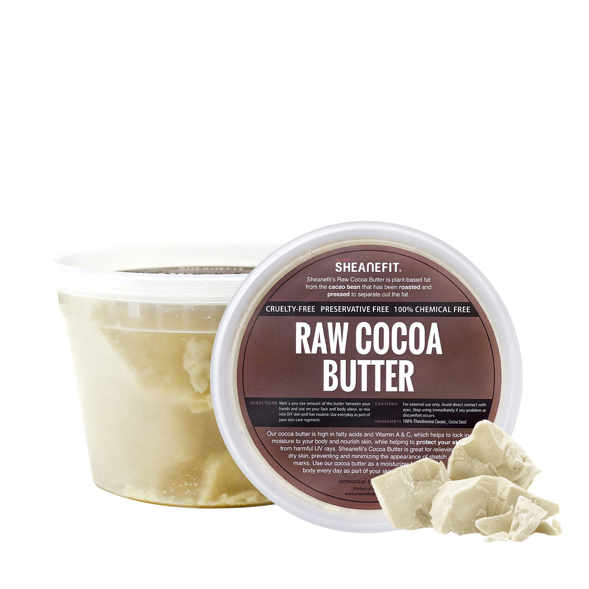 Sheanefit front packaging showing 8 oz raw cocoa butter and clear labeling for confidence