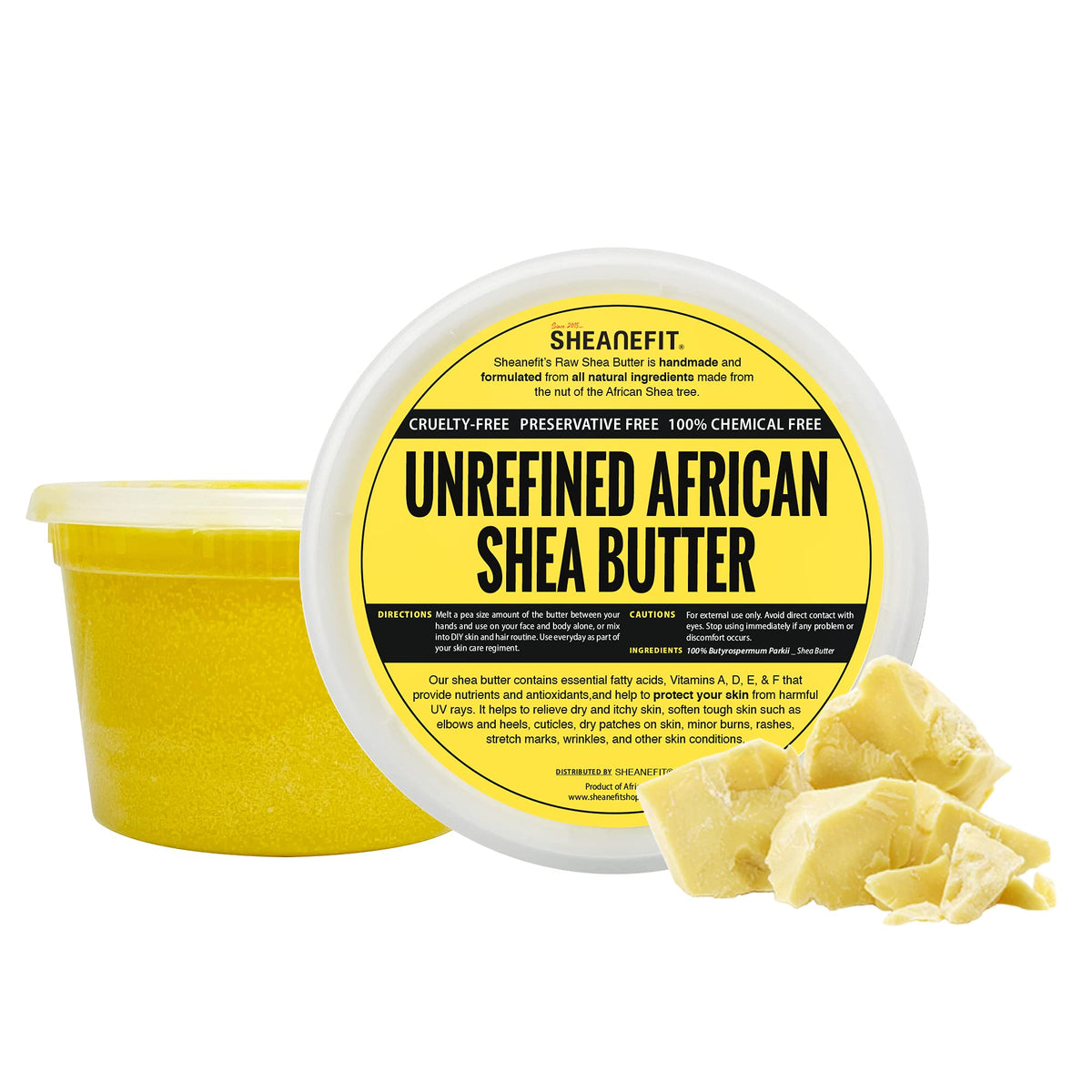 Sheanefit front-facing 16 oz yellow shea butter tub showing label and lid for easy storage