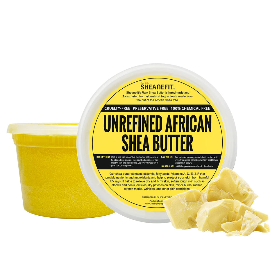 Sheanefit front-facing 16 oz yellow shea butter tub showing label and lid for easy storage