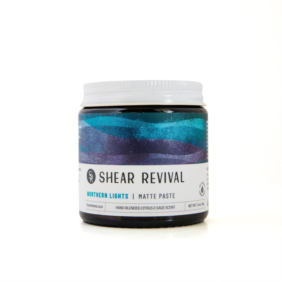Shear Revival jar front view showing label and matte packaging benefit