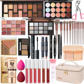 SHELAKIN front view of complete makeup kit showing compact bag and palettes, shows portability benefit