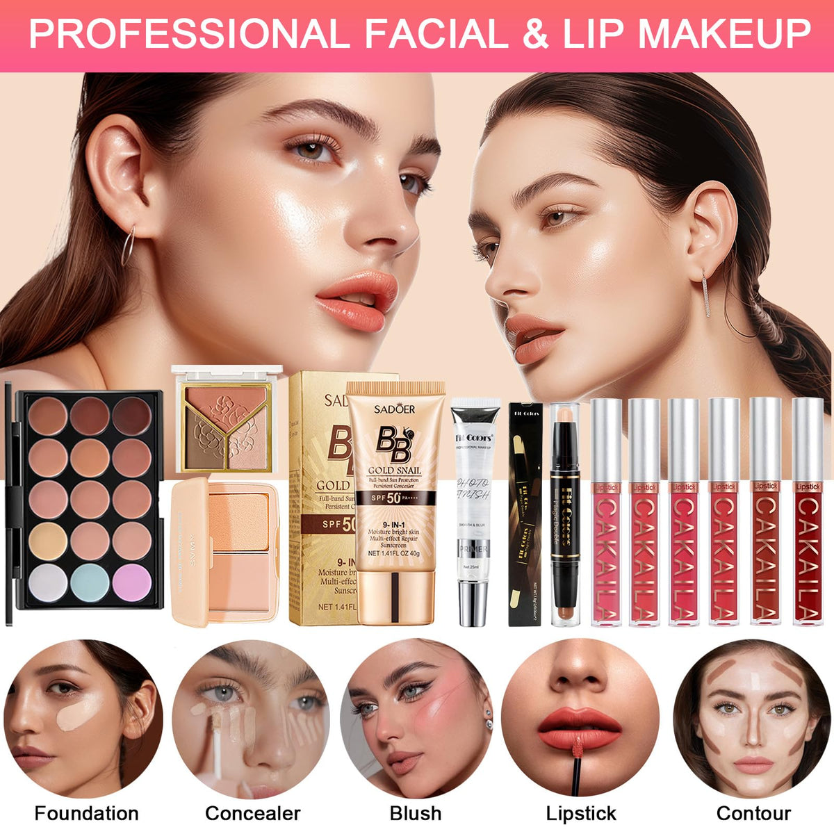 SHELAKIN lip glosses with eyeliner and curler displayed, highlights ready-to-wear convenience