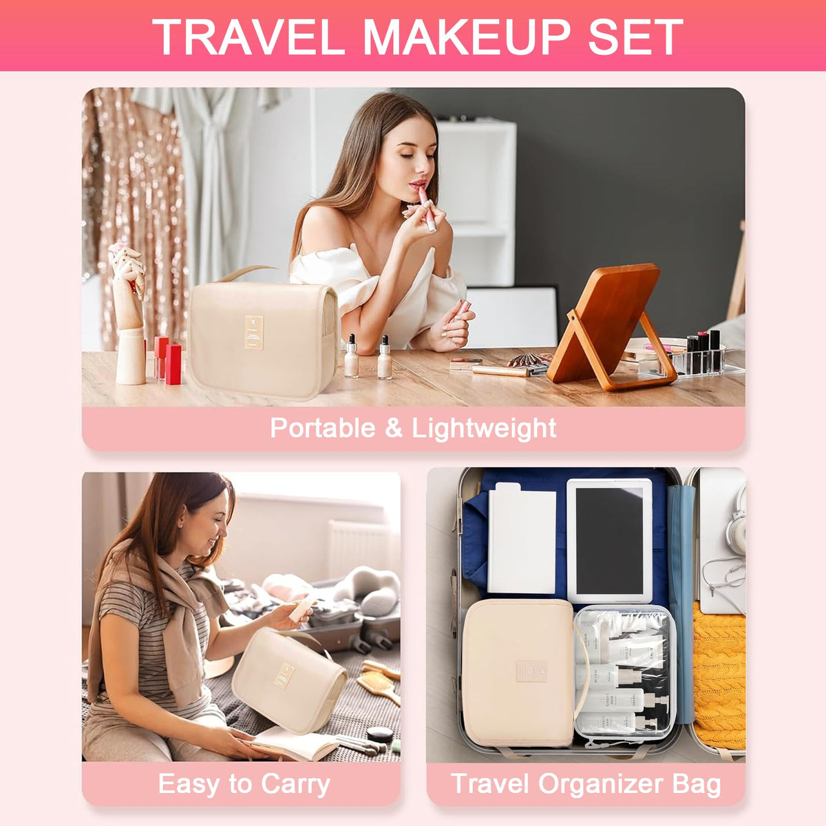 SHELAKIN cosmetic travel bag filled with palettes and tools for packing ease