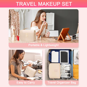 SHELAKIN cosmetic travel bag filled with palettes and tools for packing ease