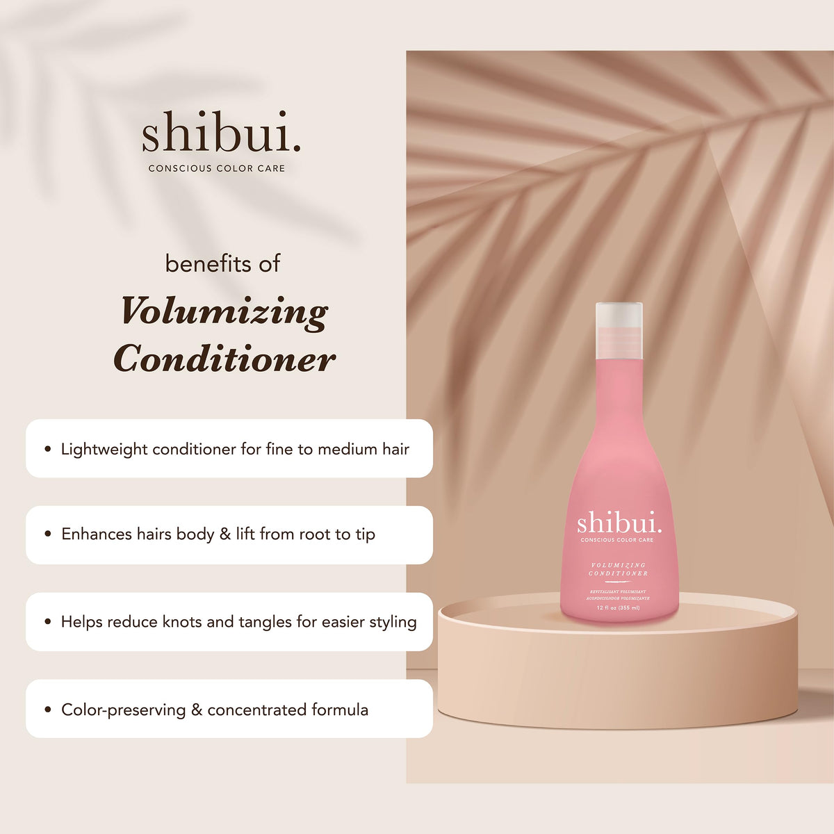 SHIBUI pump close-up and conditioner texture, demonstrates easy dispensing and lightweight feel