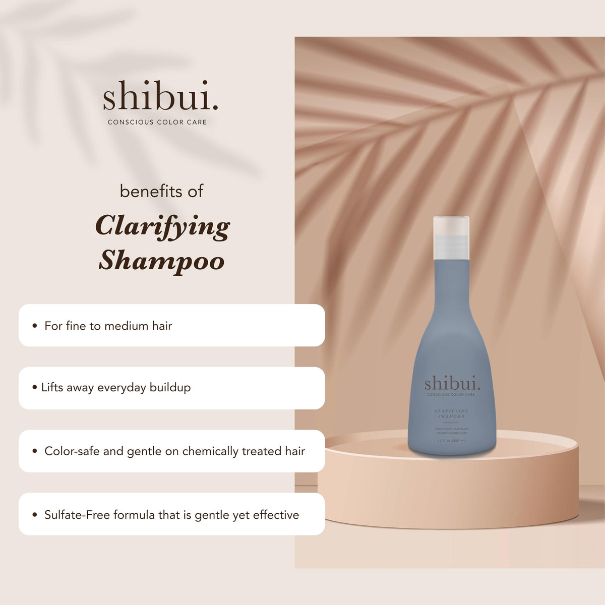 SHIBUI label close-up highlighting color-safe and silicone-free benefits