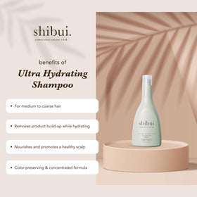 SHIBUI pump close-up displaying creamy shampoo texture and hydration benefit
