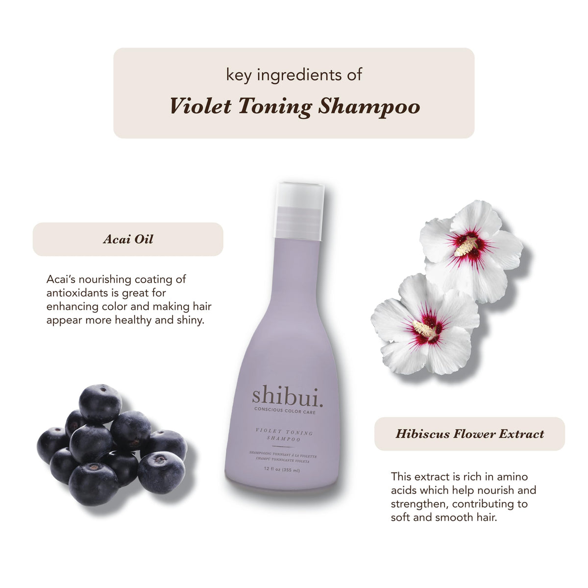 SHIBUI close-up of acai oil and hibiscus extract ingredients for shine benefit