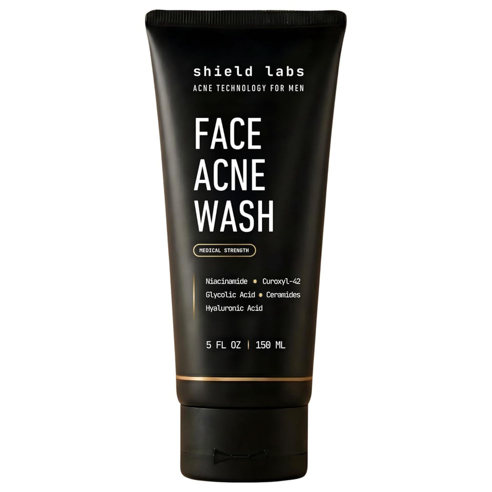 Shield front packaging showing product and clear acne treatment benefits