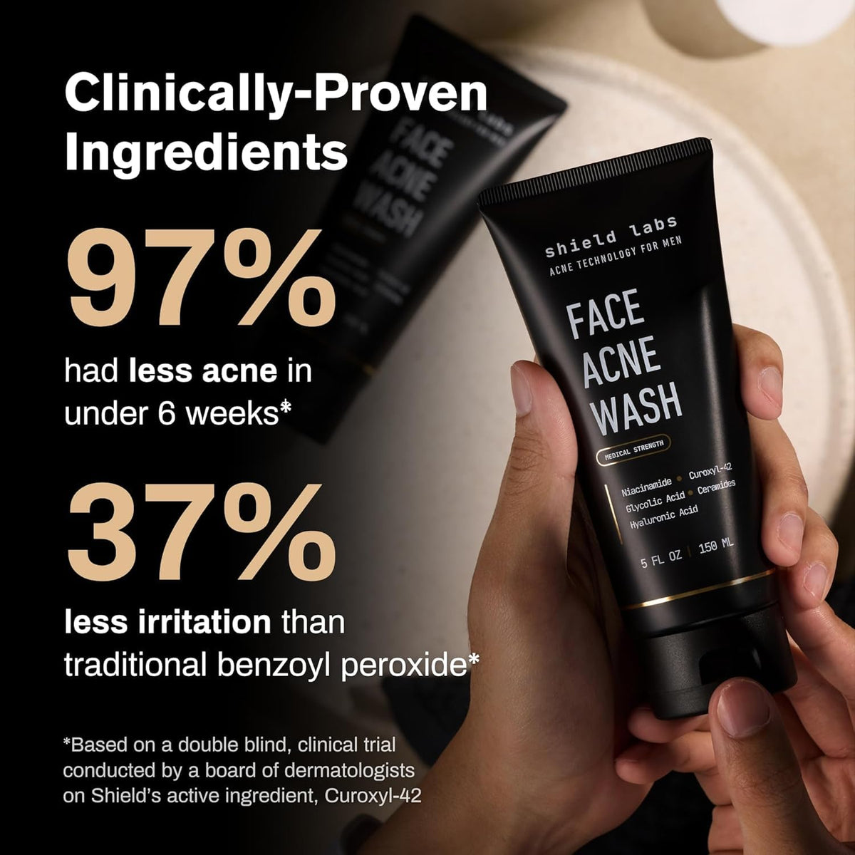 Shield gel texture close-up demonstrating gentle, non-drying lather