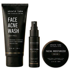Shield front packaging showing the three-step acne system and clear benefits