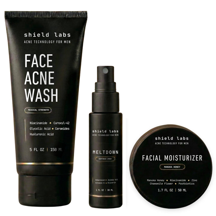 Shield front packaging showing the three-step acne system and clear benefits