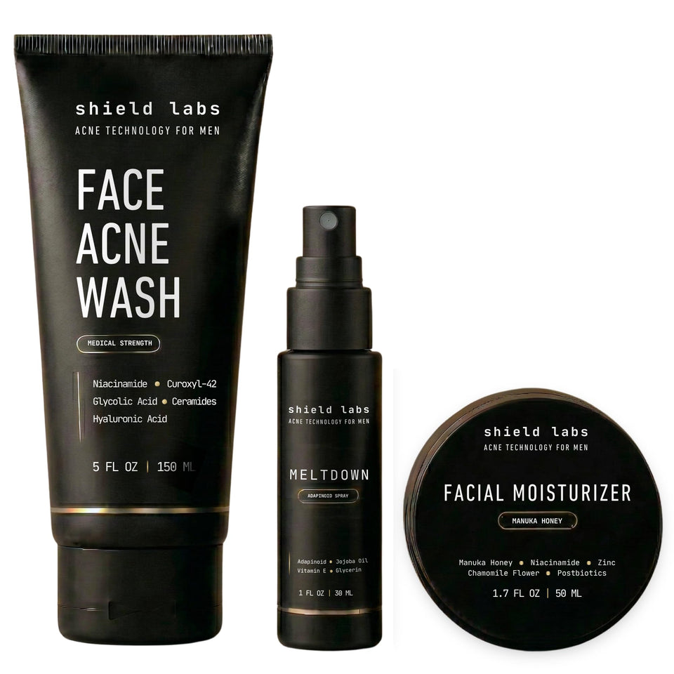 Shield front packaging showing the three-step acne system and clear benefits