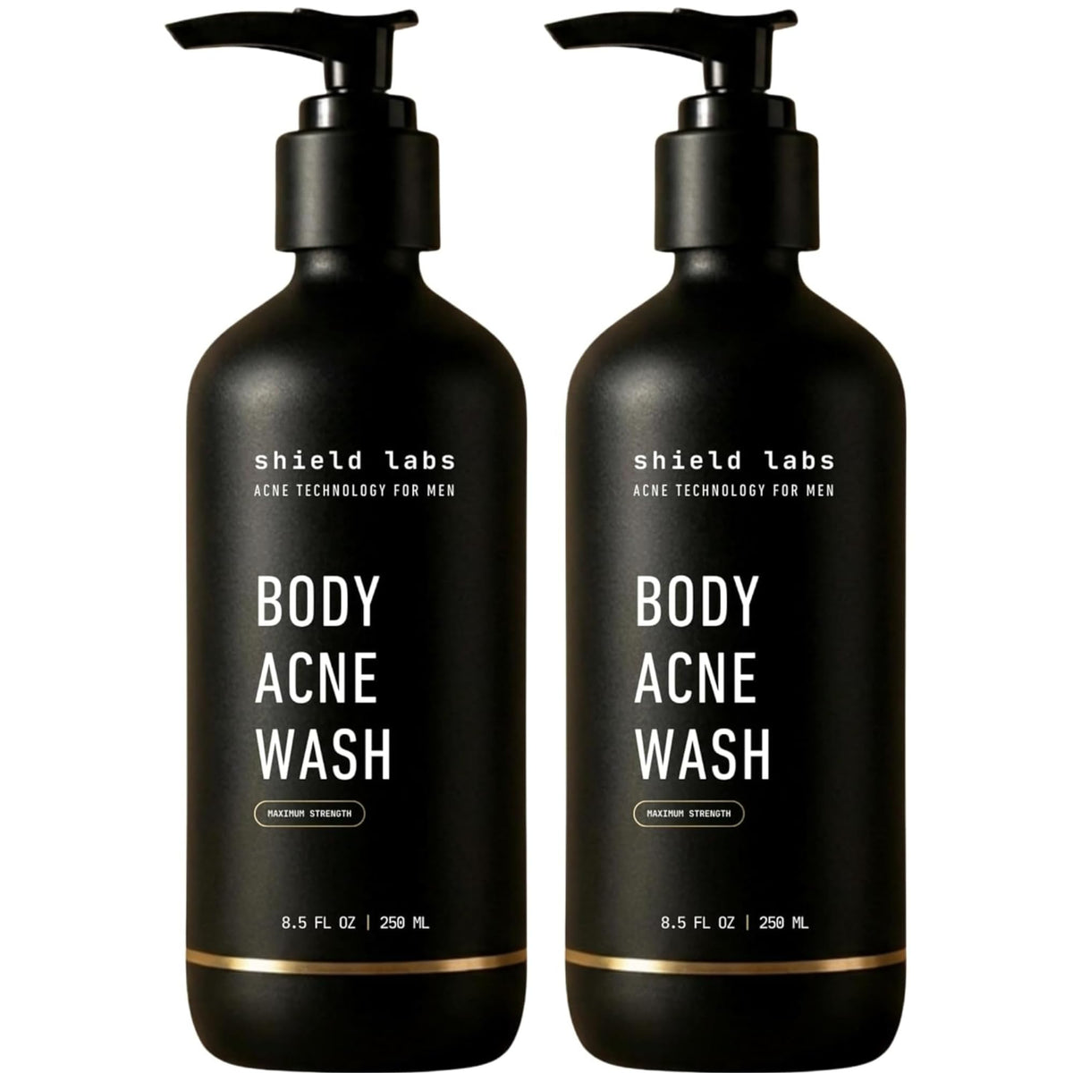 Shield bottle front packaging showing unscented acne body wash benefit