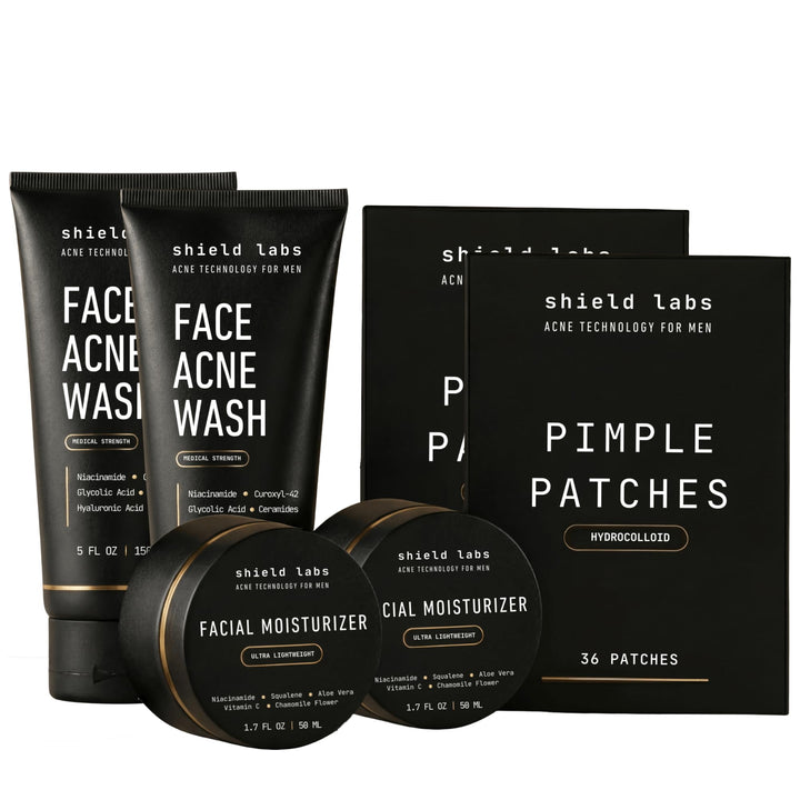 Shield front packaging showing full four-month acne system benefits