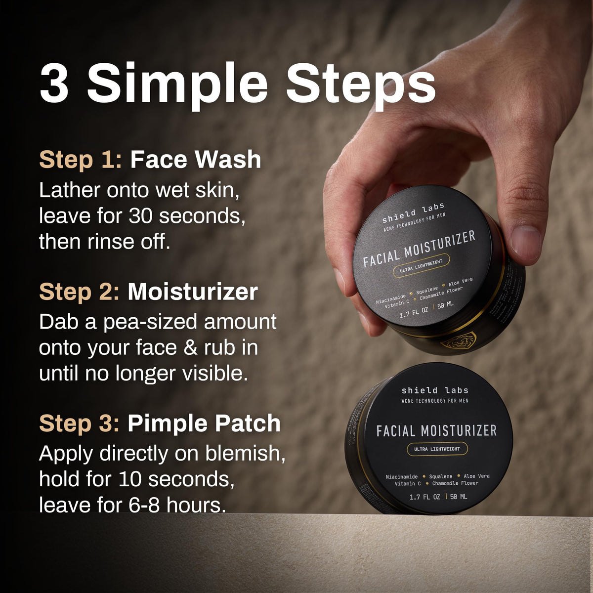 Shield routine staged in bathroom for quick morning and evening use