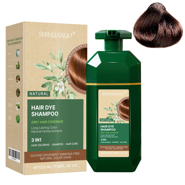 SHIHUANUO front bottle image showing brown 3-in-1 shampoo dye for easy color refresh