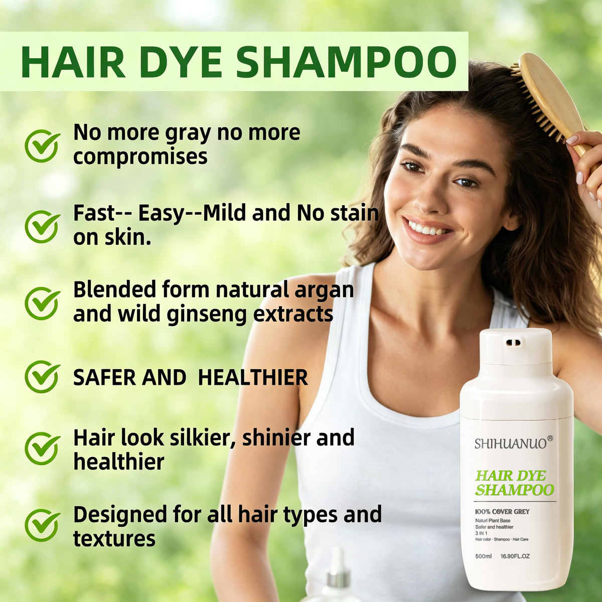 SHIHUANUO lifestyle shot with shiny brown hair illustrating nourishing, vibrant finish benefit