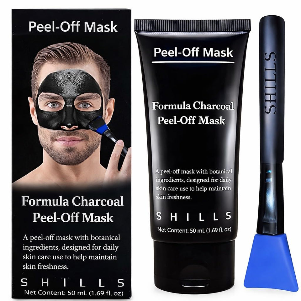 SHILLS front packaging showing compact charcoal mask and brush set, travel-friendly