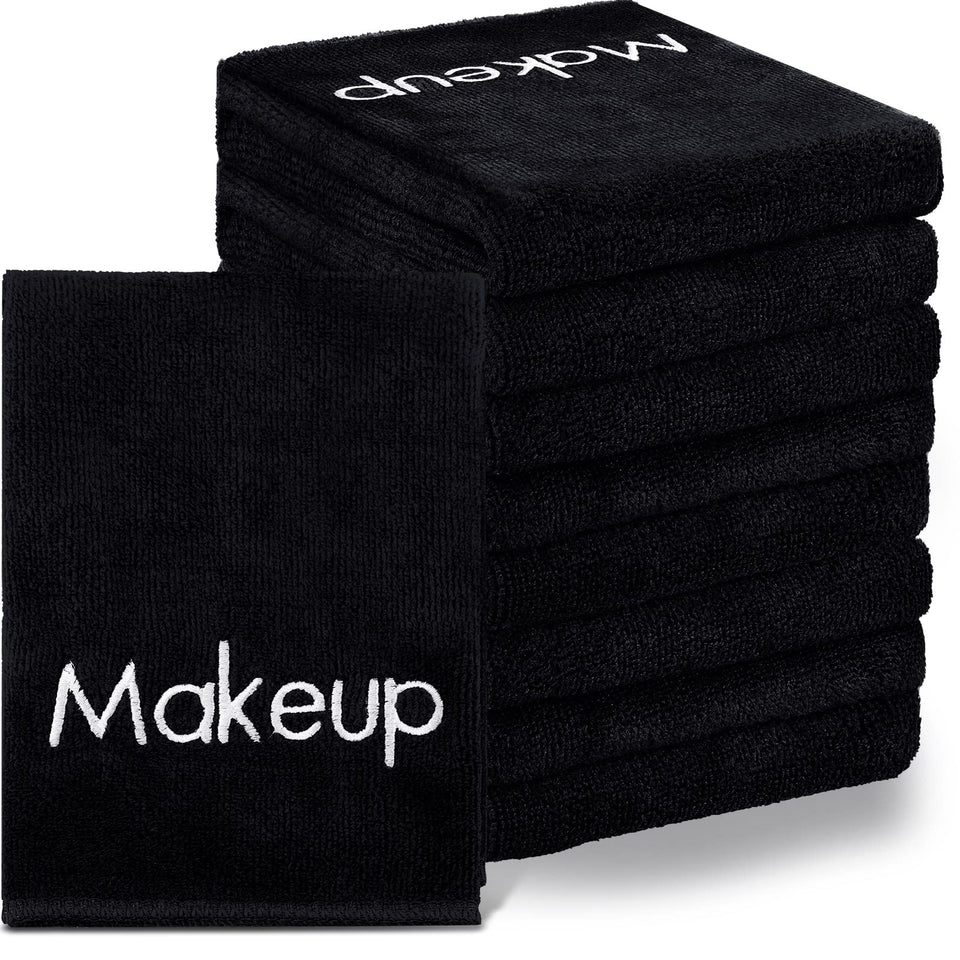Shimeyao front pack of 20 black towels showing quantity and neat stack benefit