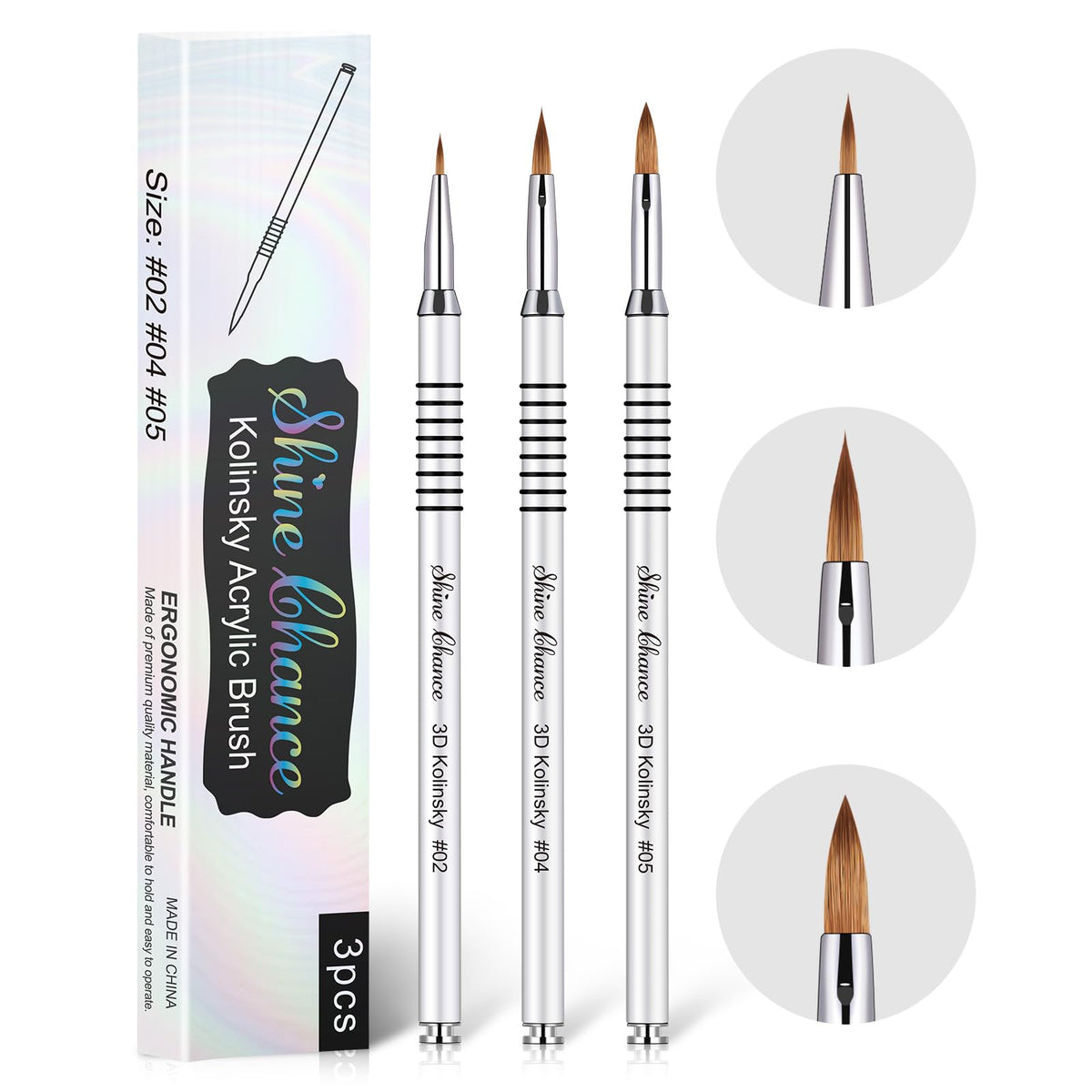 Shine Chance front packaging showing three kolinsky brushes and benefits