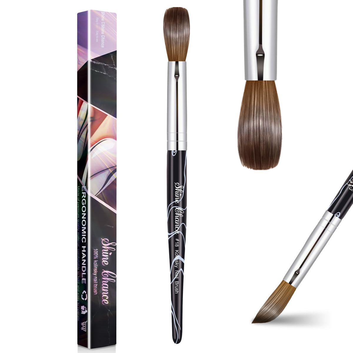 Shine Chance front packaging showing brush in protective box, highlights professional quality