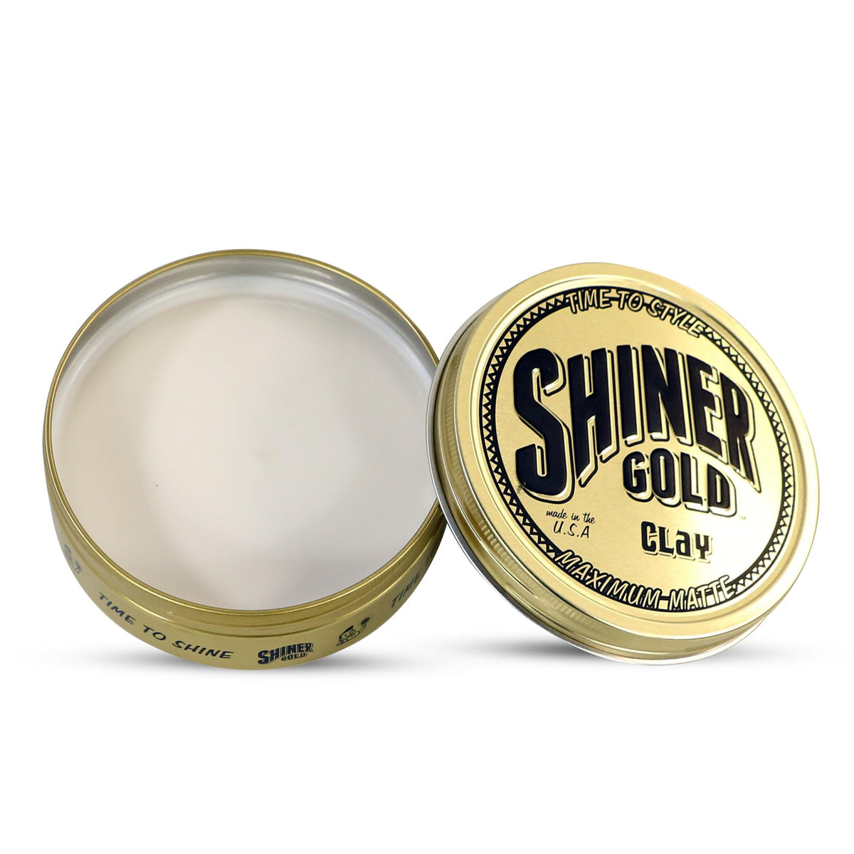 shiner gold pomade on bathroom shelf with three tubs showing travel convenience