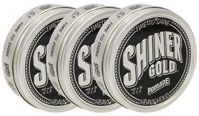 Shiner Gold Pomade front packaging showing three 4 oz cans and branding for value