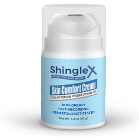 ShingleX front jar view showing compact travel-friendly packaging and calming benefit
