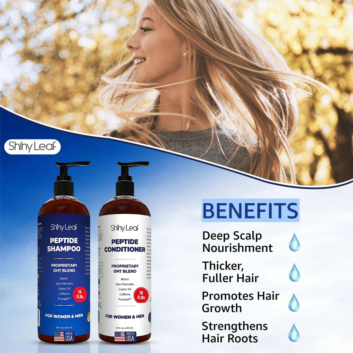 Shiny Leaf bottle label close-up highlighting peptide and biotin formulation benefits