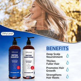 Shiny Leaf bottle label close-up highlighting peptide and biotin formulation benefits