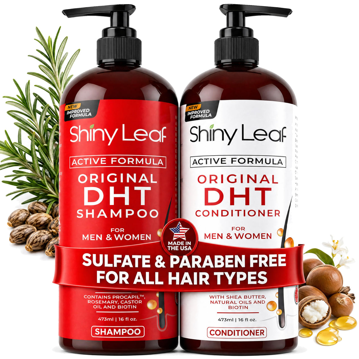 shiny leaf front packaging showing both bottles and benefits