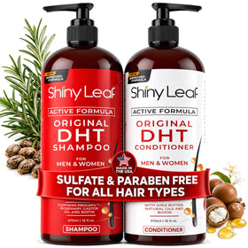 shiny leaf front packaging showing both bottles and benefits