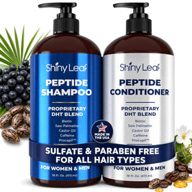 Shiny Leaf front packaging showing paired shampoo and conditioner for fuller hair