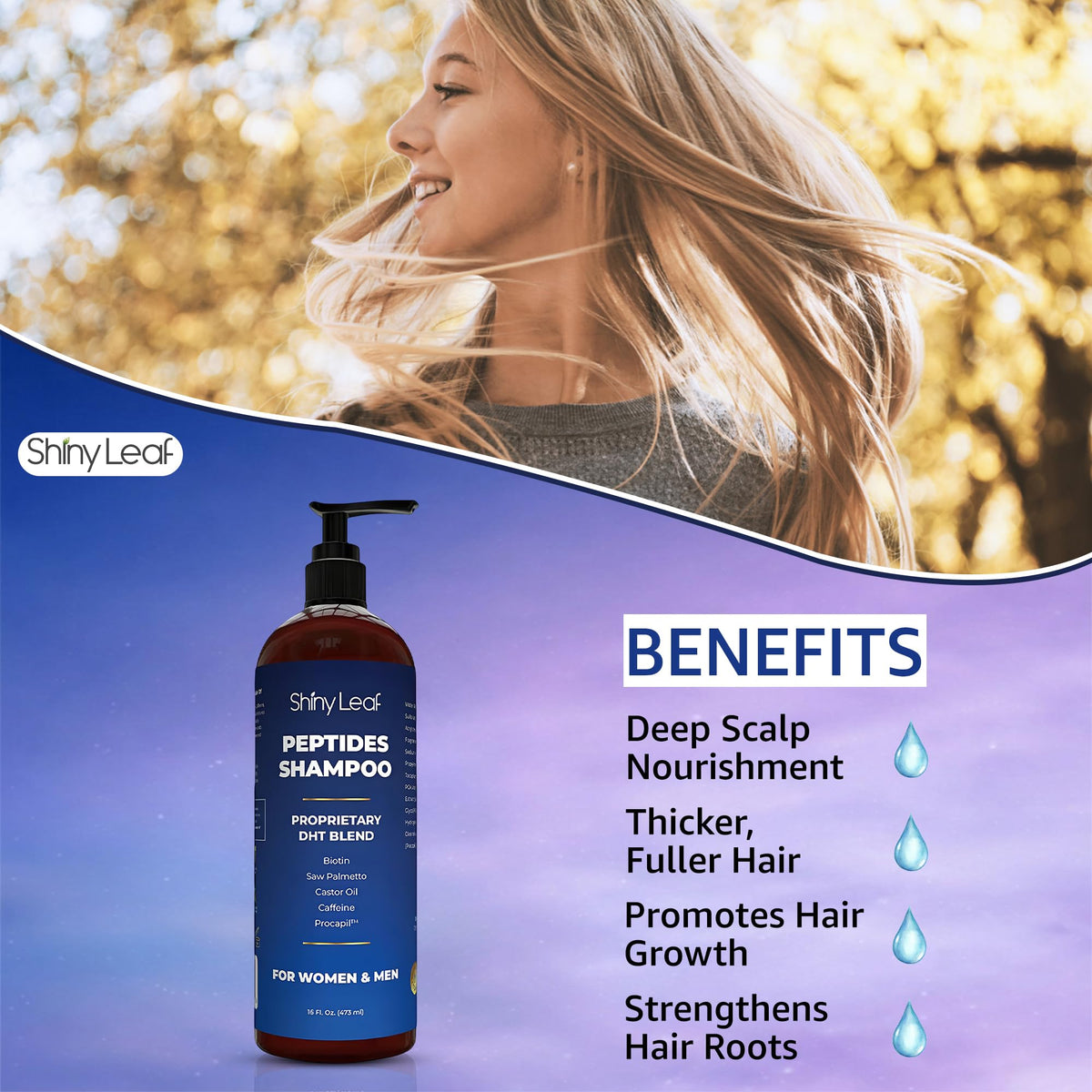 Shiny Leaf pump dispensing shampoo foam for easy application and gentle cleanse