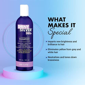 SHINY SILVER bottles beside matching conditioner in a bathroom for routine pairing benefit