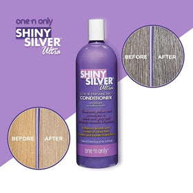 SHINY SILVER shampoo being applied to blonde hair to neutralize brassiness effectively